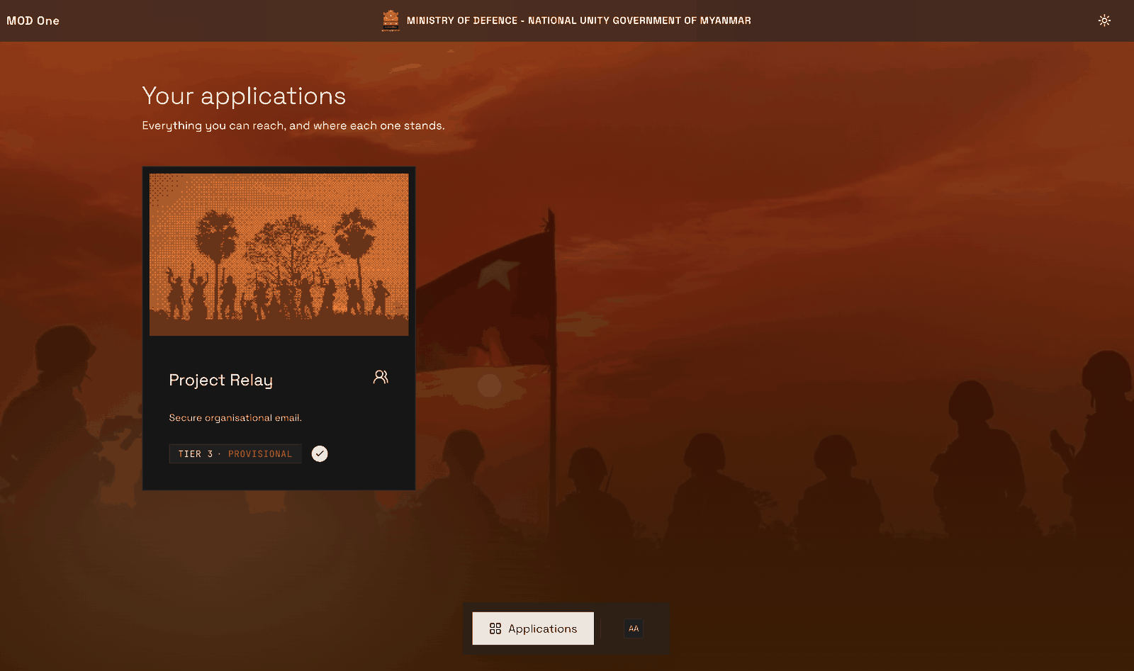 A portal page headed Your applications over a dark photographic background, showing one tile with an illustration, the name Project Relay, the line Secure organisational email, a badge reading TIER 3 · PROVISIONAL and a small green tick.