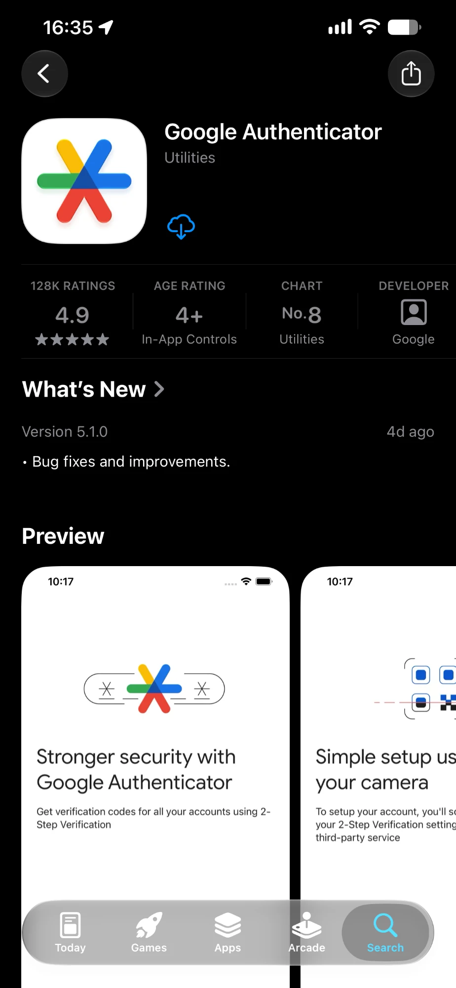 An App Store listing for Google Authenticator by Google, in the Utilities category, with a download button, a 4.9 star rating from 128 thousand ratings, version 5.1.0 under What's New, and preview screens headed Stronger security with Google Authenticator and Simple setup using your camera.