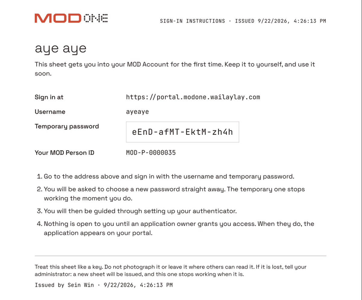 A sign-in sheet headed SIGN-IN INSTRUCTIONS. It shows a name, then four labelled rows: Sign in at, with a web address; Username; Temporary password, printed inside a boxed field; and Your MOD Person ID. Four numbered instructions follow, then a line in smaller type beginning Treat this sheet like a key, and the name of the administrator who issued it.