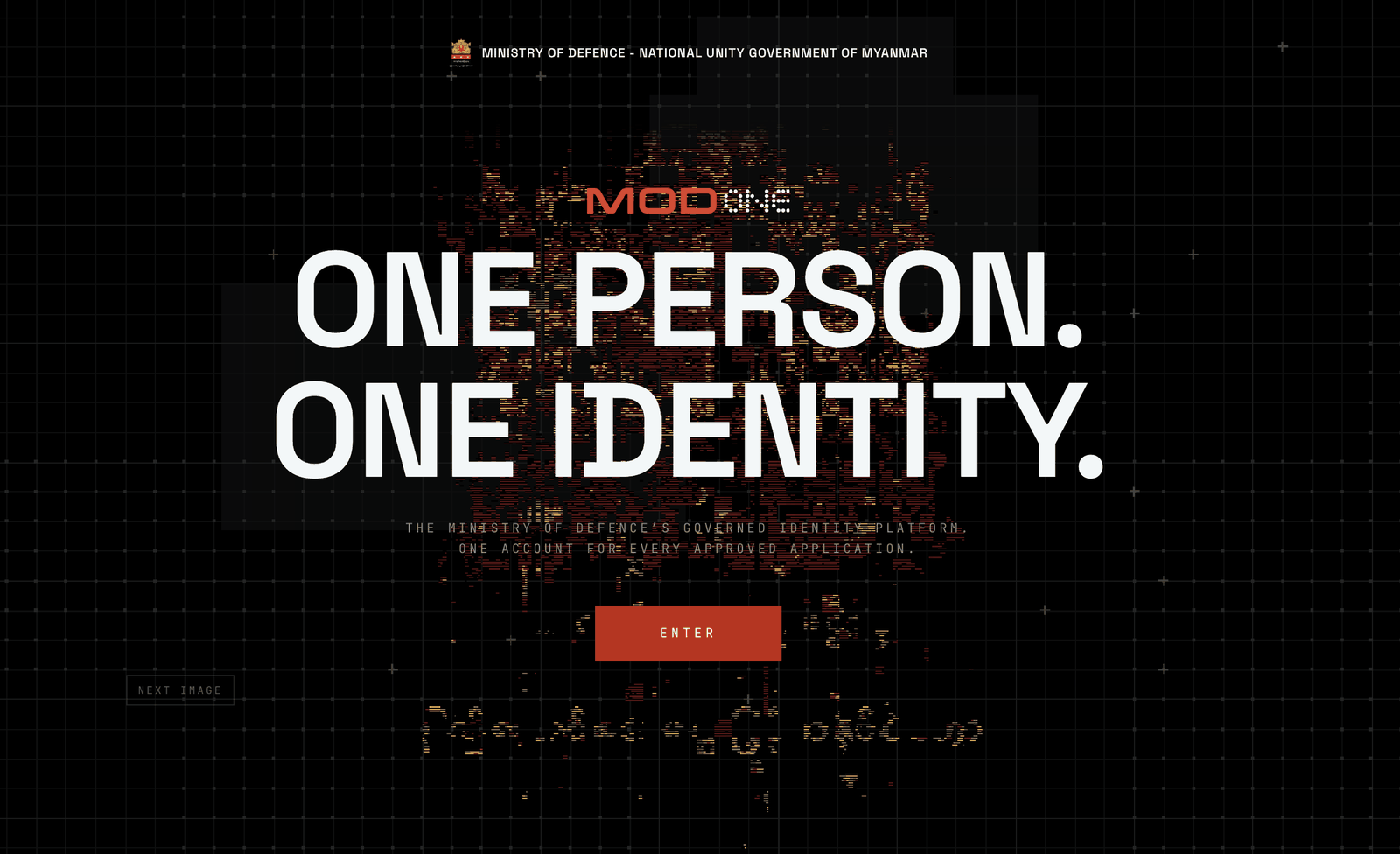 A black page with a faint grid. The Ministry of Defence crest and name run across the top. Large white text reads ONE PERSON. ONE IDENTITY., and a single red button marked ENTER sits below it.