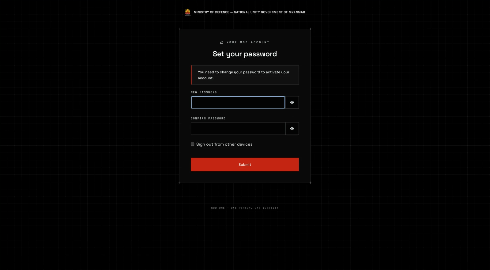 A panel headed YOUR MOD ACCOUNT and Set your password. A notice reads You need to change your password to activate your account. Below it are New password and Confirm password fields, each with an eye button, a box marked Sign out from other devices, and a red Submit button.