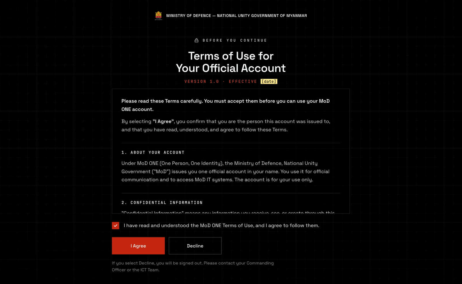 A page headed BEFORE YOU CONTINUE and Terms of Use for Your Official Account, with a version line under the title. A scrolling panel holds the Terms, beginning Please read these Terms carefully. Below the panel are a ticked box with the line I have read and understood the MoD ONE Terms of Use, and I agree to follow them, a red I Agree button, a Decline button, and a line of small text about what Decline does.