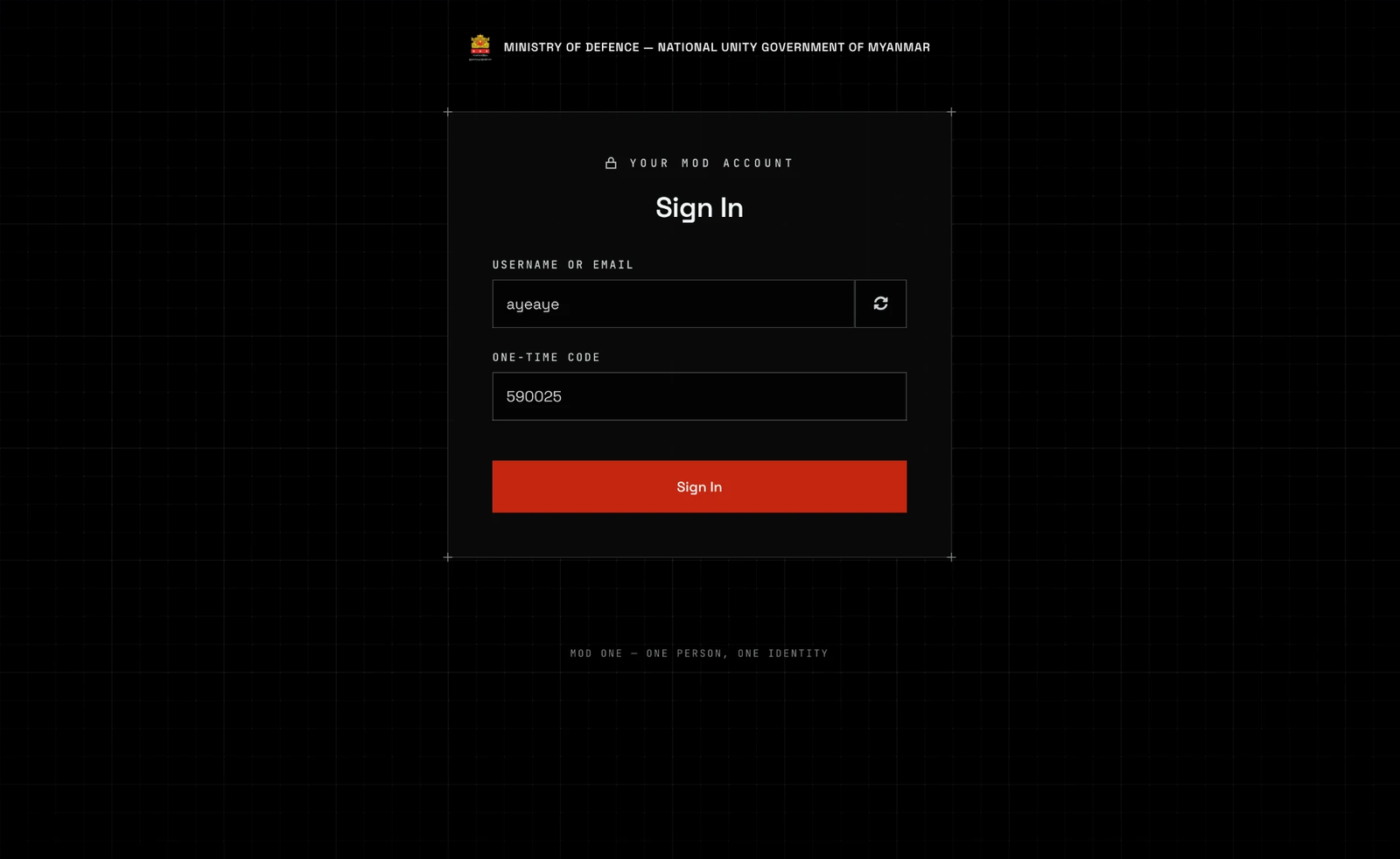 A black page with a faint grid, the Ministry of Defence crest and name across the top. A panel headed YOUR MOD ACCOUNT and Sign In shows the username already filled in, with a circular-arrow button beside it, then a One-time code field holding six digits and a red Sign In button.
